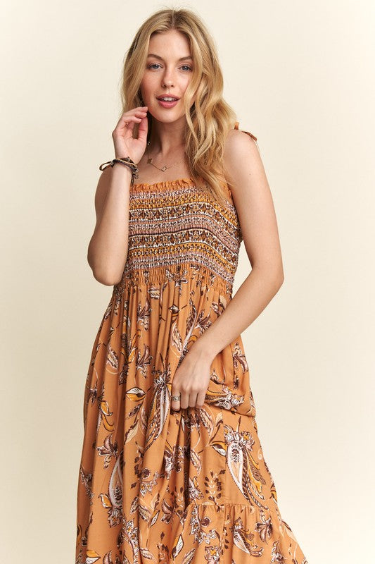 Smocked Printed Square Neck Tie Shoulder Cami Dress