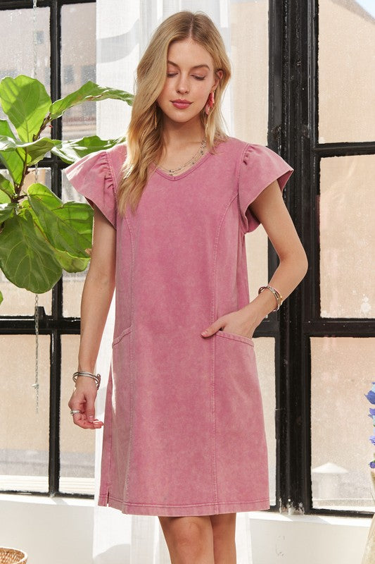 Mineral Washed V-Neck Ruffled Cap Sleeve Dress